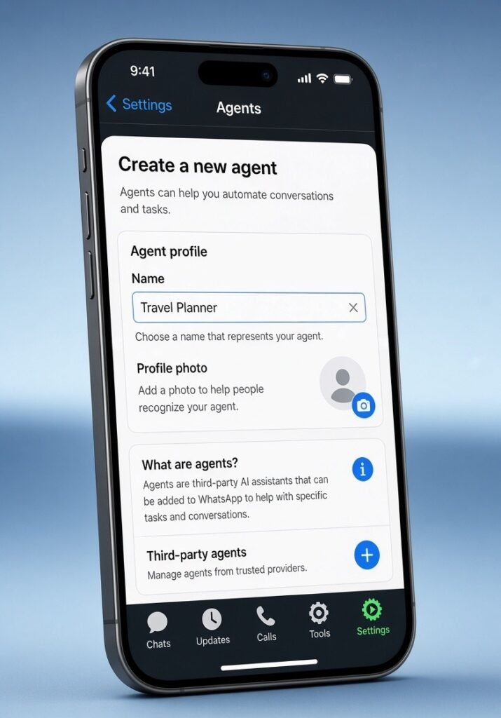 An iPhone screen showing the WhatsApp Settings page under the “Agents” section.