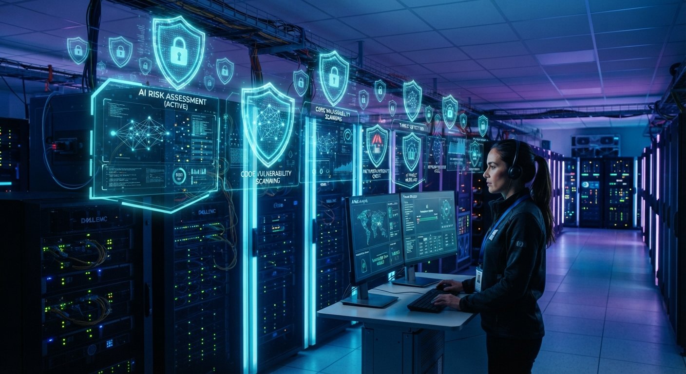 Digital shield overlay in a server room representing AI cybersecurity risk management