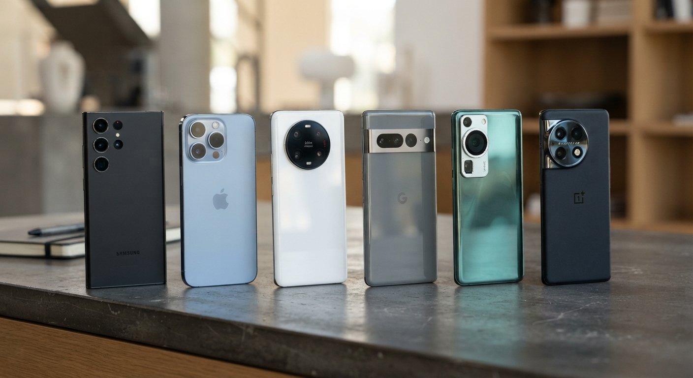 Collection of flagship modern smartphones showing camera modules and premium design materials