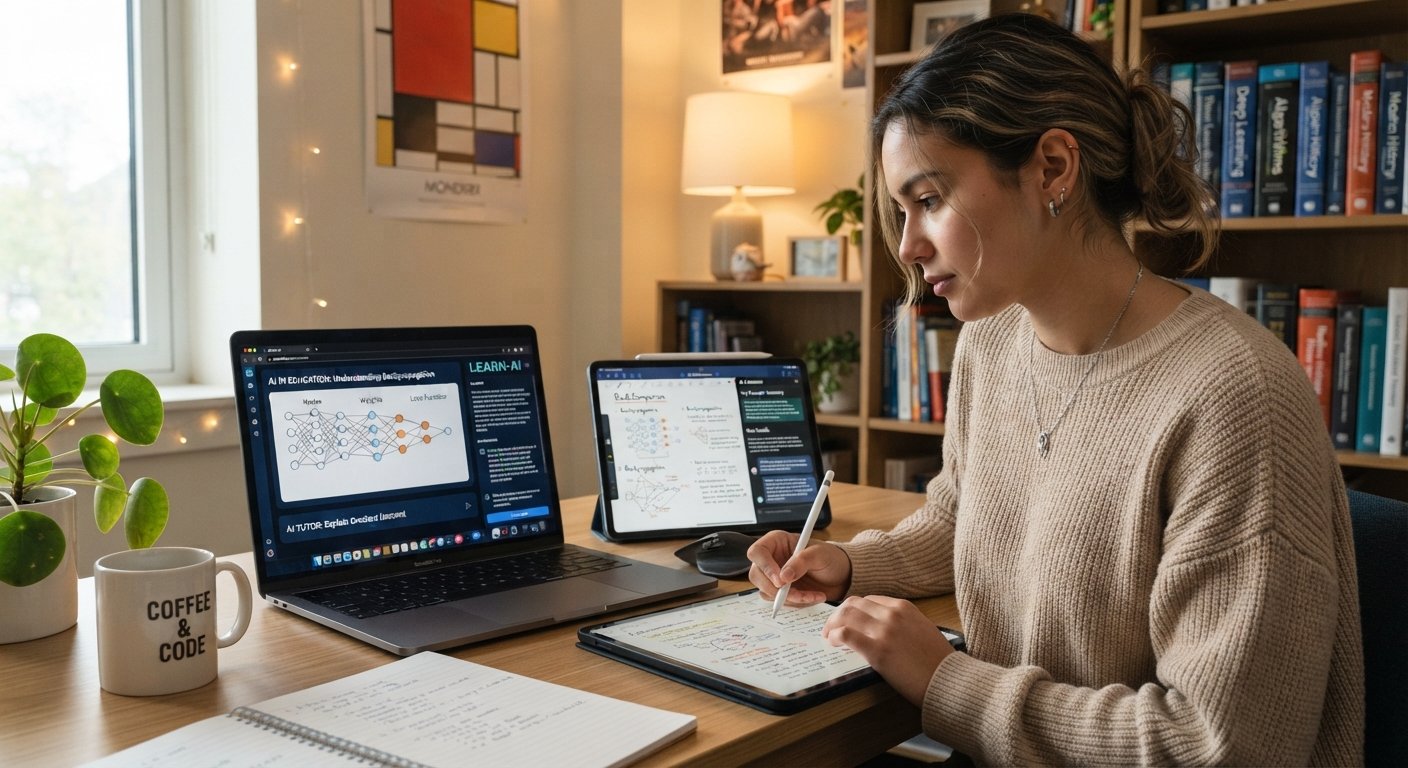 Student using digital devices with integrated AI study tools and educational interfaces