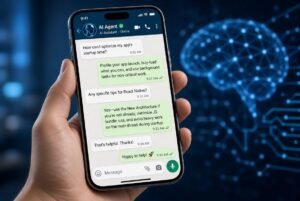 A hand holding a modern iPhone displaying a WhatsApp chat with an AI Agent. The conversation shows the user asking about optimizing app startup time and receiving helpful replies from the AI assistant. A glowing blue neural network brain graphic appears in the dark background