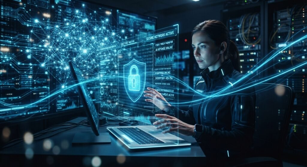 Abstract cybersecurity visualization with glowing neural networks and data security locks