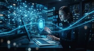 Abstract cybersecurity visualization with glowing neural networks and data security locks