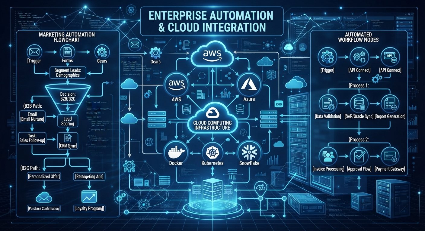 Enterprise cloud network showing automated marketing tools and workflow integrations