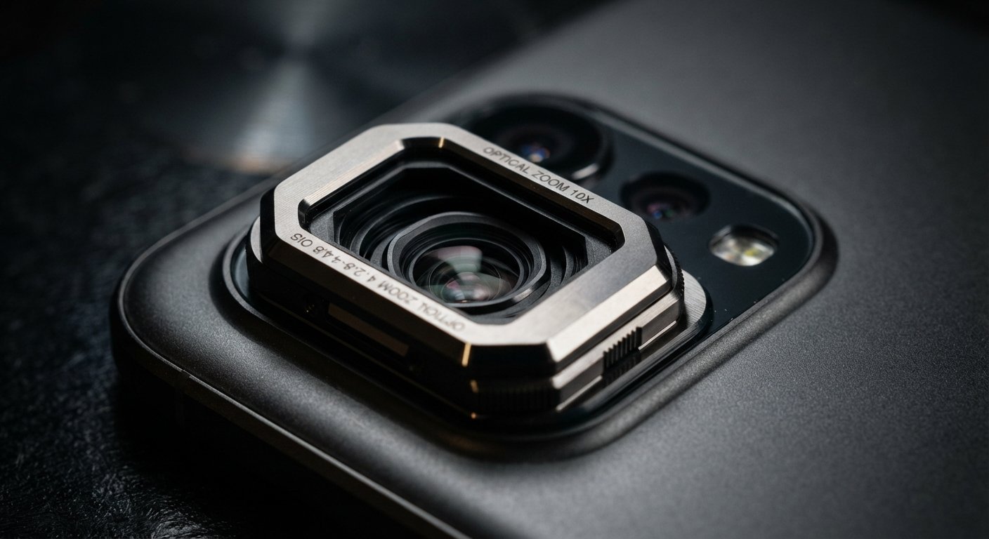 Close-up of the 200MP periscope telephoto camera lens on the Motorola Signature 27