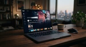 Laptop displaying a 4K video stream interface