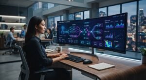 Digital workspace displaying interconnected new AI tools and applications analytics dashboards