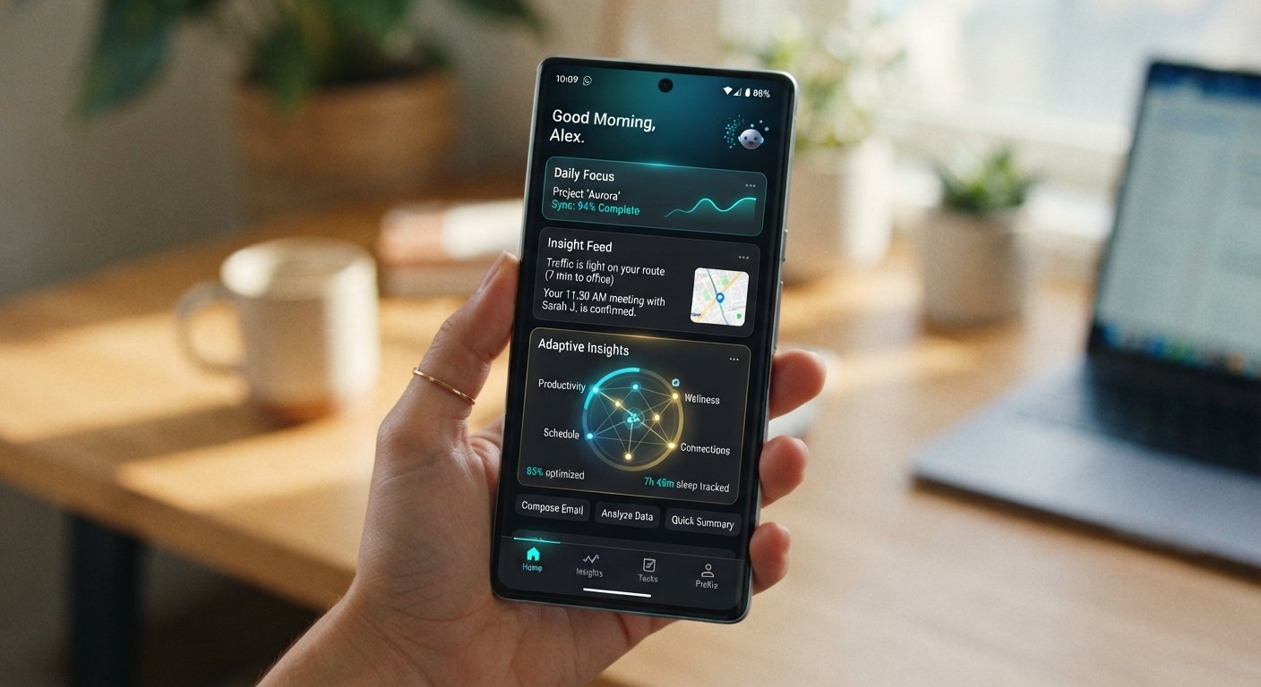 Conceptual artificial intelligence mobile user interface on a modern smartphone screen