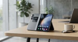 Modern foldable smartphone resting on a sleek minimal studio desk